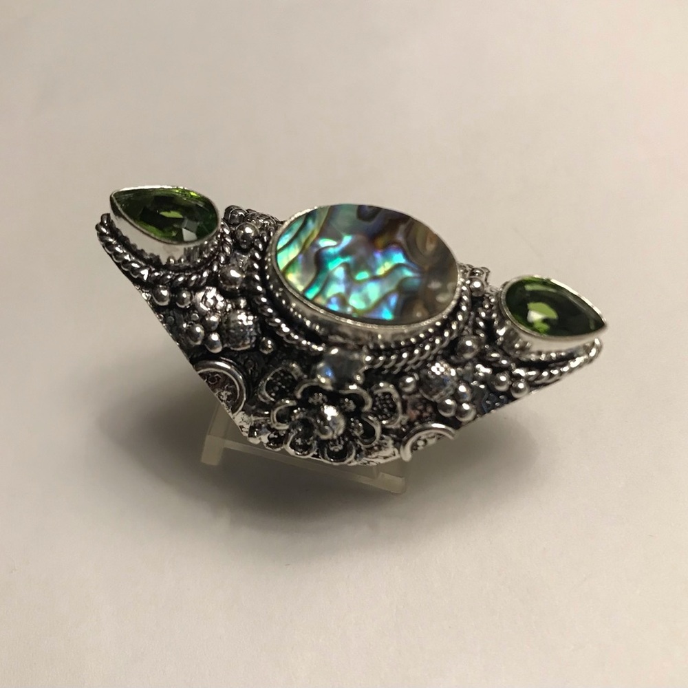 Abalone Peridot Stamped 925 Sterling Silver Ring - Picture 4 of 6